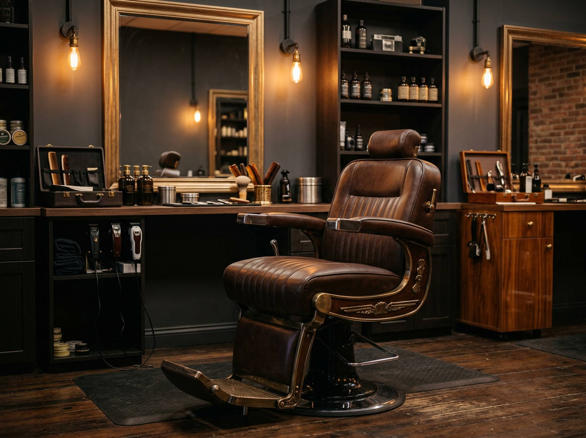 Moderner Barbershop mit Leder-Friseurstuhl und warmer Beleuchtung